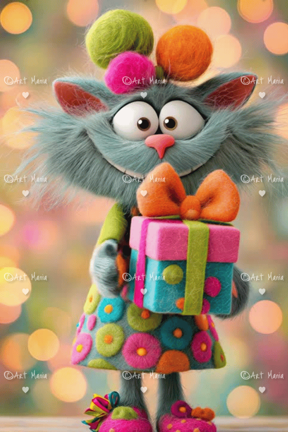 Cute cat with gift box. Animated E-card