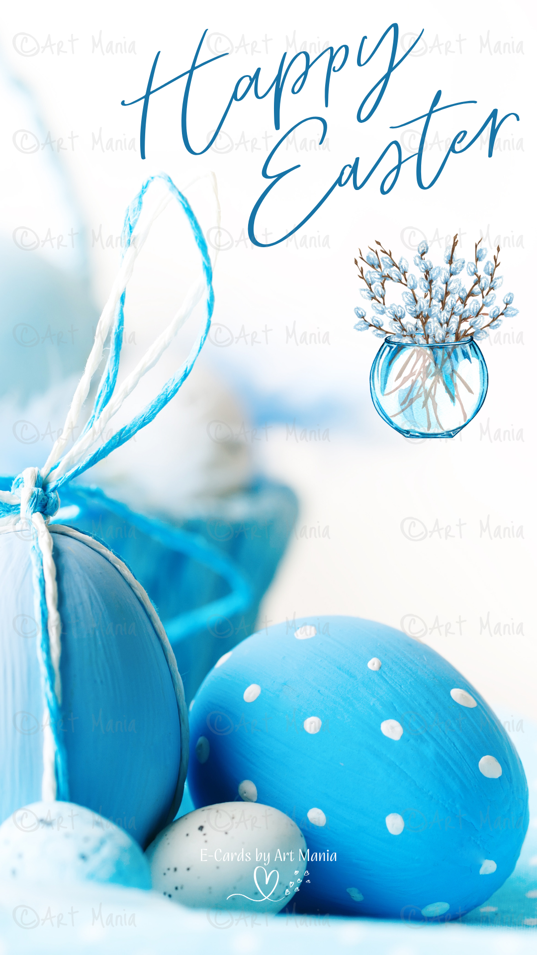 Happy Easter. Blue with white colors. E-Card