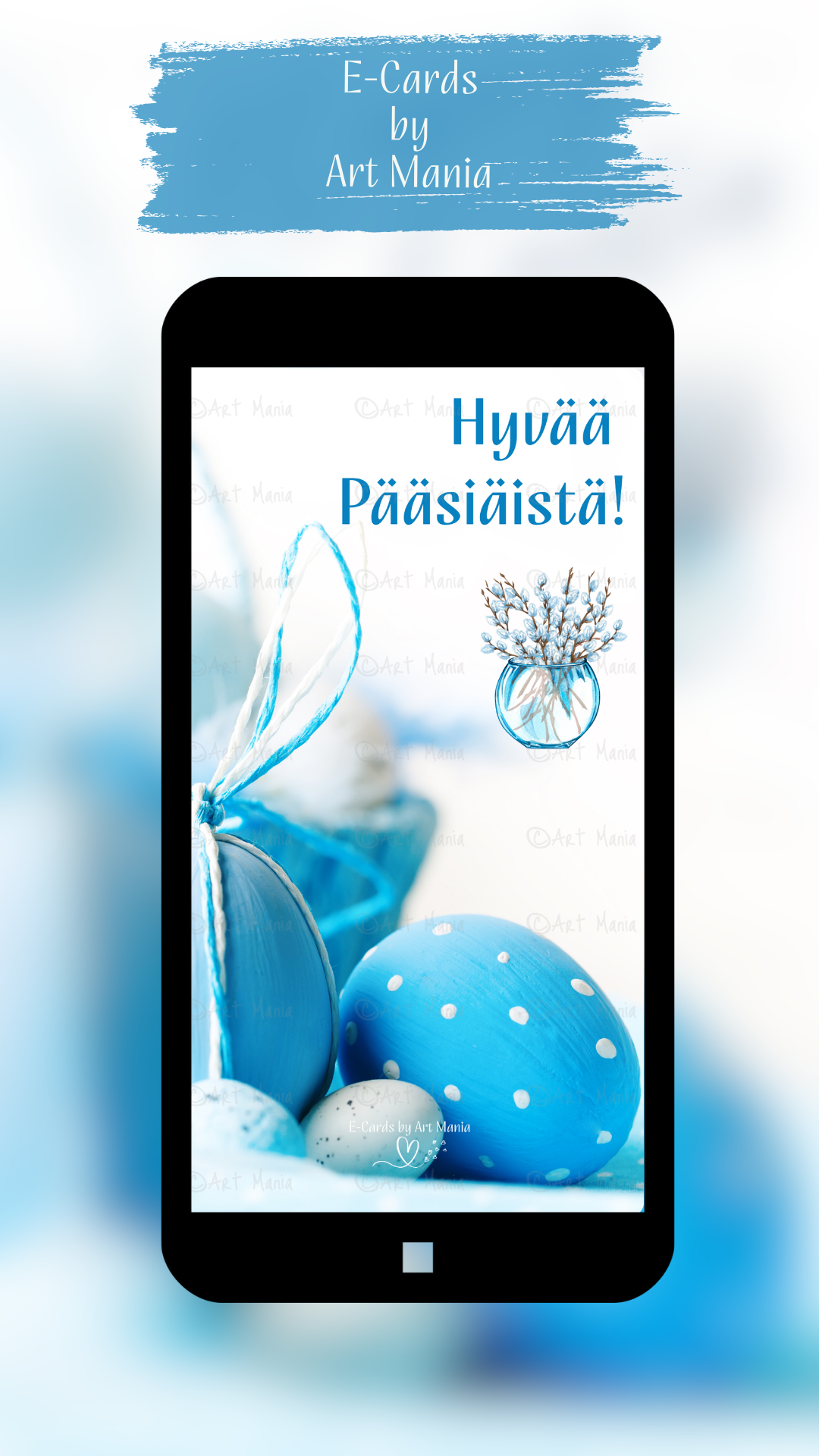 Happy Easter. Blue with white colors. E-Card