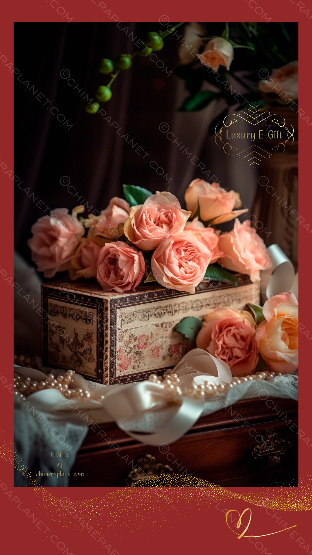 Tea roses with vintage box. Luxury E-gift