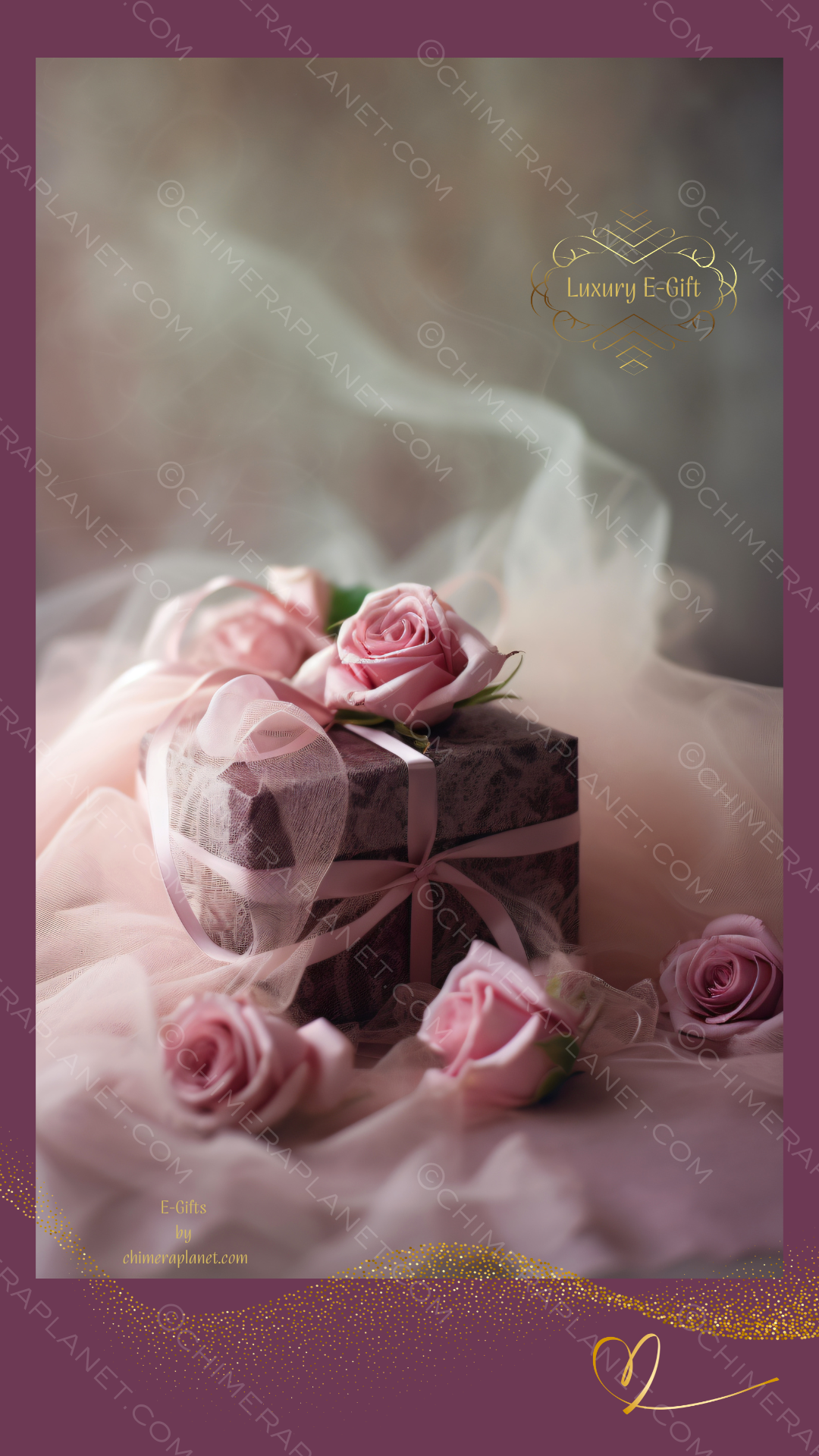 Pink roses with gift box. Luxury E-gift