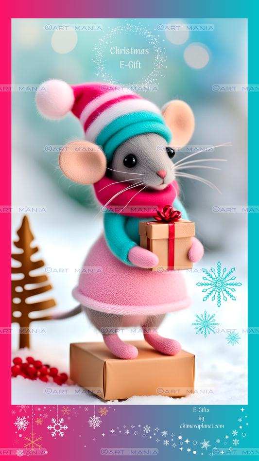 Cute mouse with gift box. Christmas E-Gift