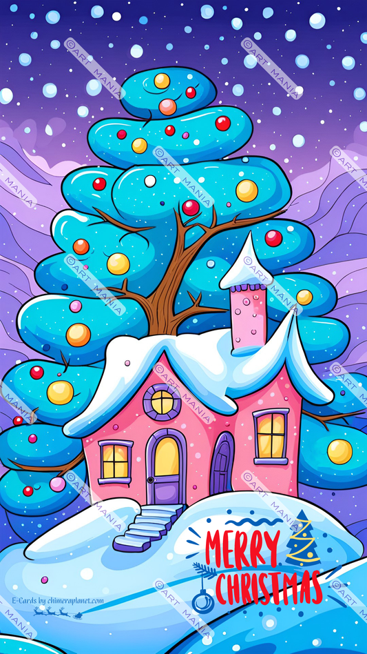 Cartoon Christmas house. E-Card