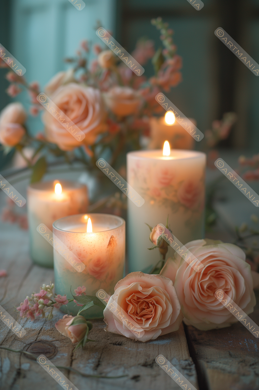 Roses with candles. Soft composition