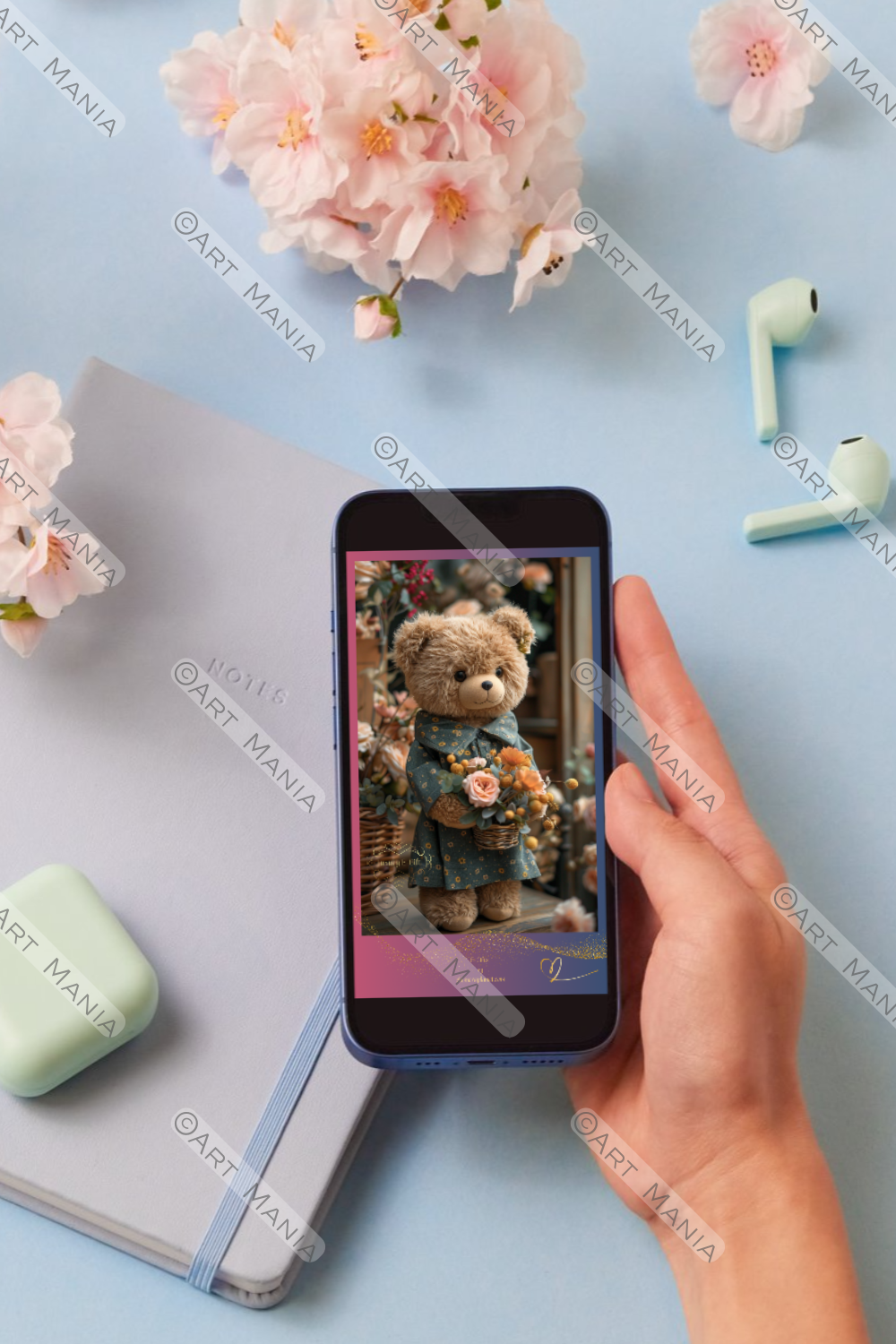 Cute fluffy bear with flower basket. Luxury E-gift