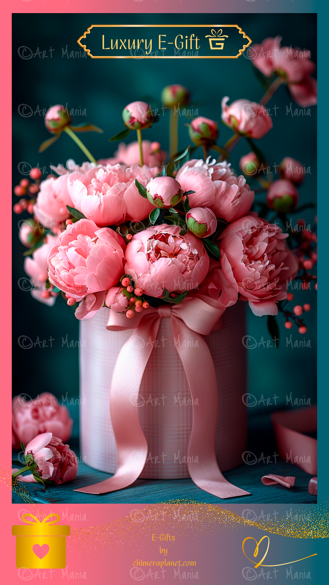 Gift box with peonies. Luxury E-gift