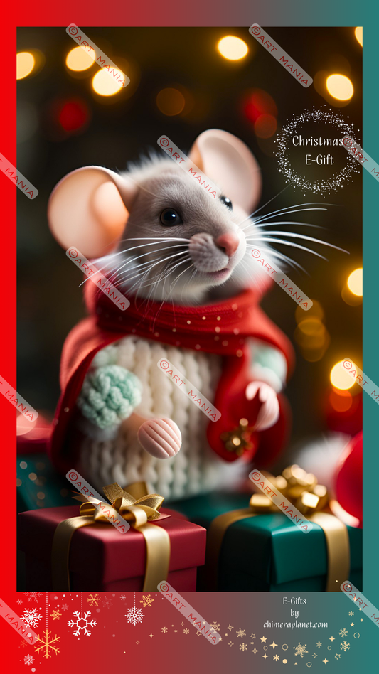 Cute mouse with Christmas gifts boxes. Christmas E-Gift