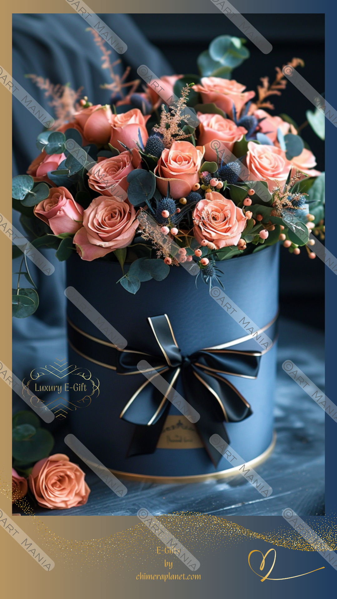 Blue gift box with roses. Luxury E-gift