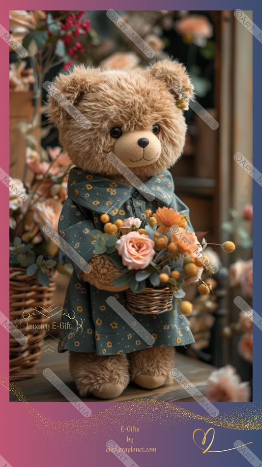 Cute fluffy bear with flower basket. Luxury E-gift