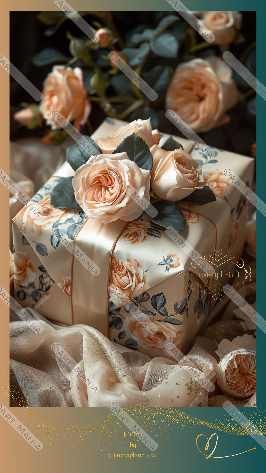 Gift box with tea roses. Luxury E-gift