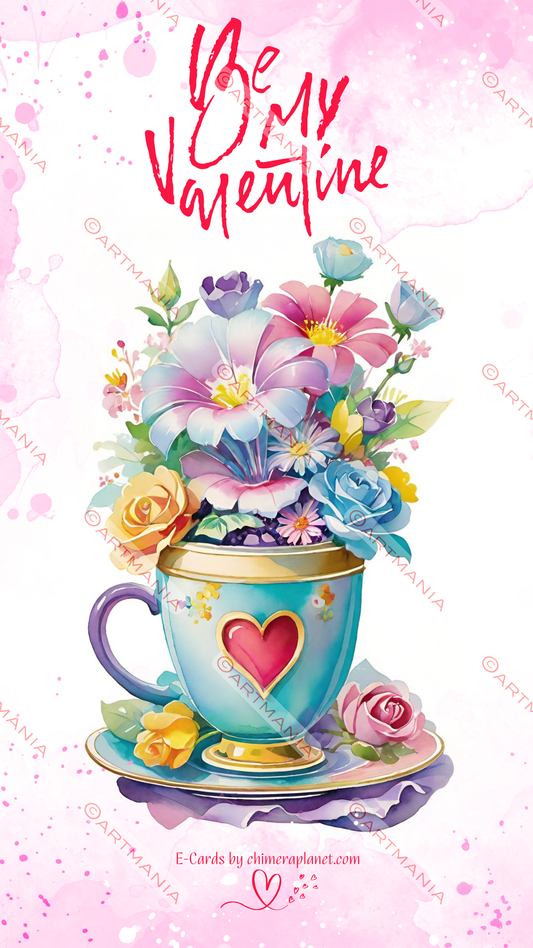 Cup with flowers. E-Card