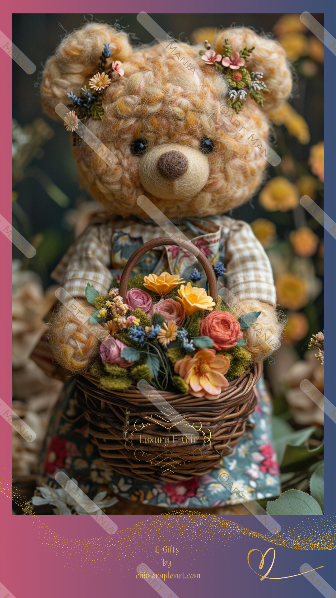 Cute fluffy bear with flower basket_2 Luxury E-gift