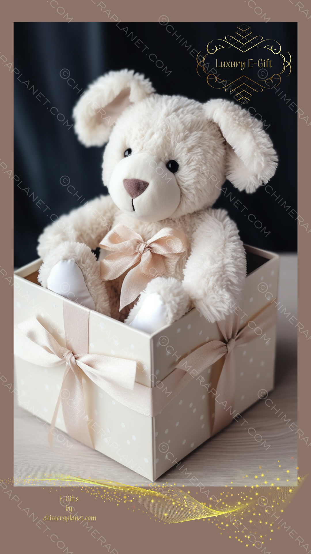 Cute fluffy beige bear with gift box. Luxury E-gift