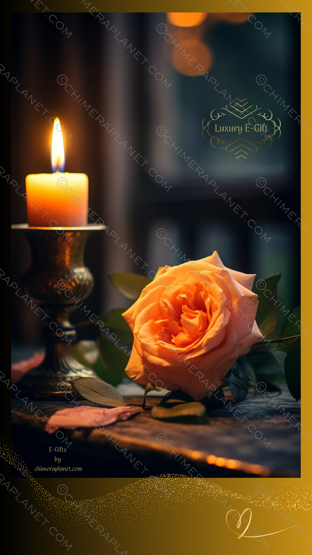 Orange rose with candle. Luxury E-gift