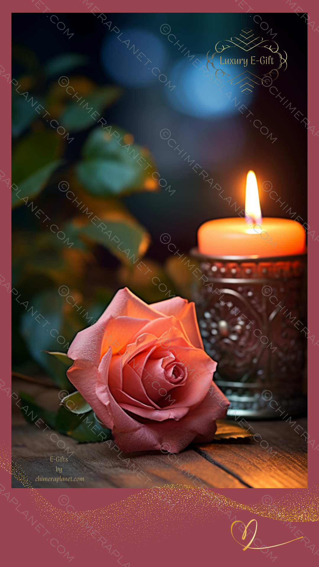 Chic pink rose with candle. Luxury E-gift