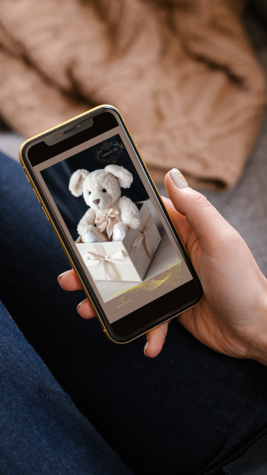 Cute fluffy beige bear with gift box. Luxury E-gift