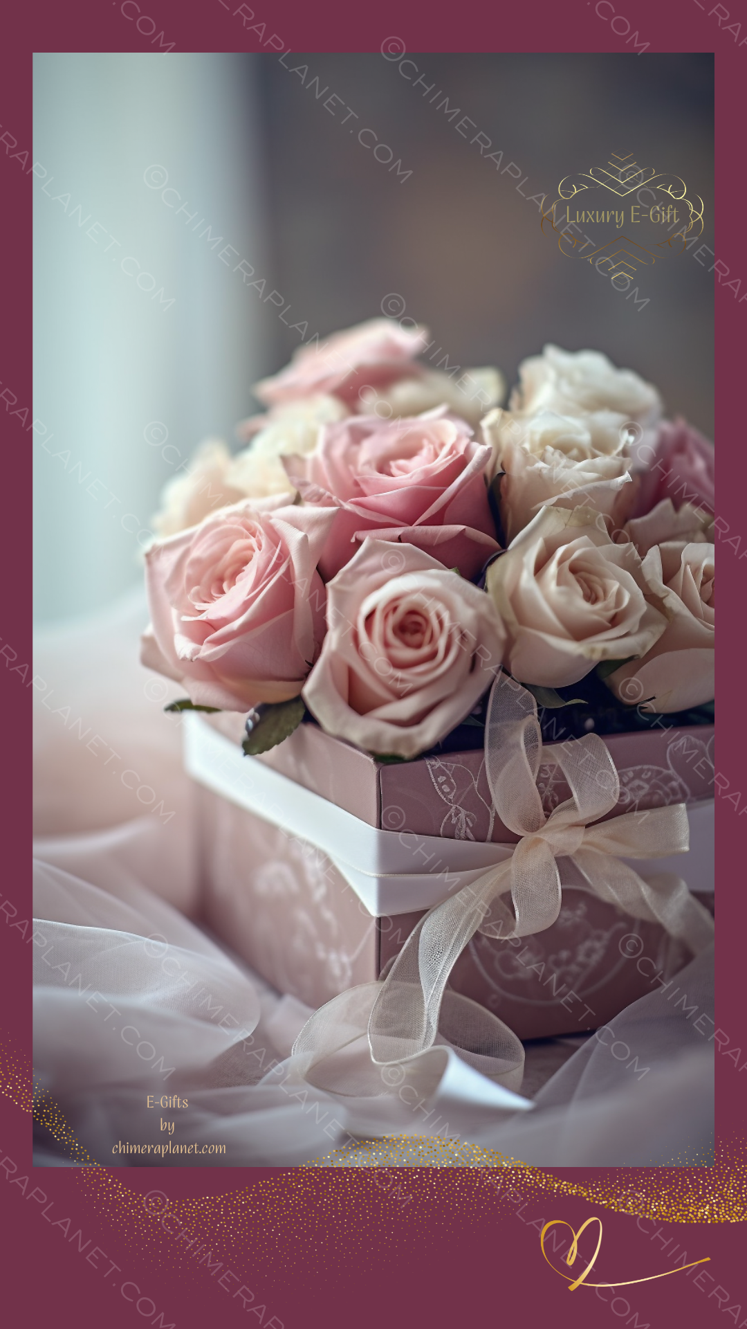 Pink roses with gift box and bow. Luxury E-gift