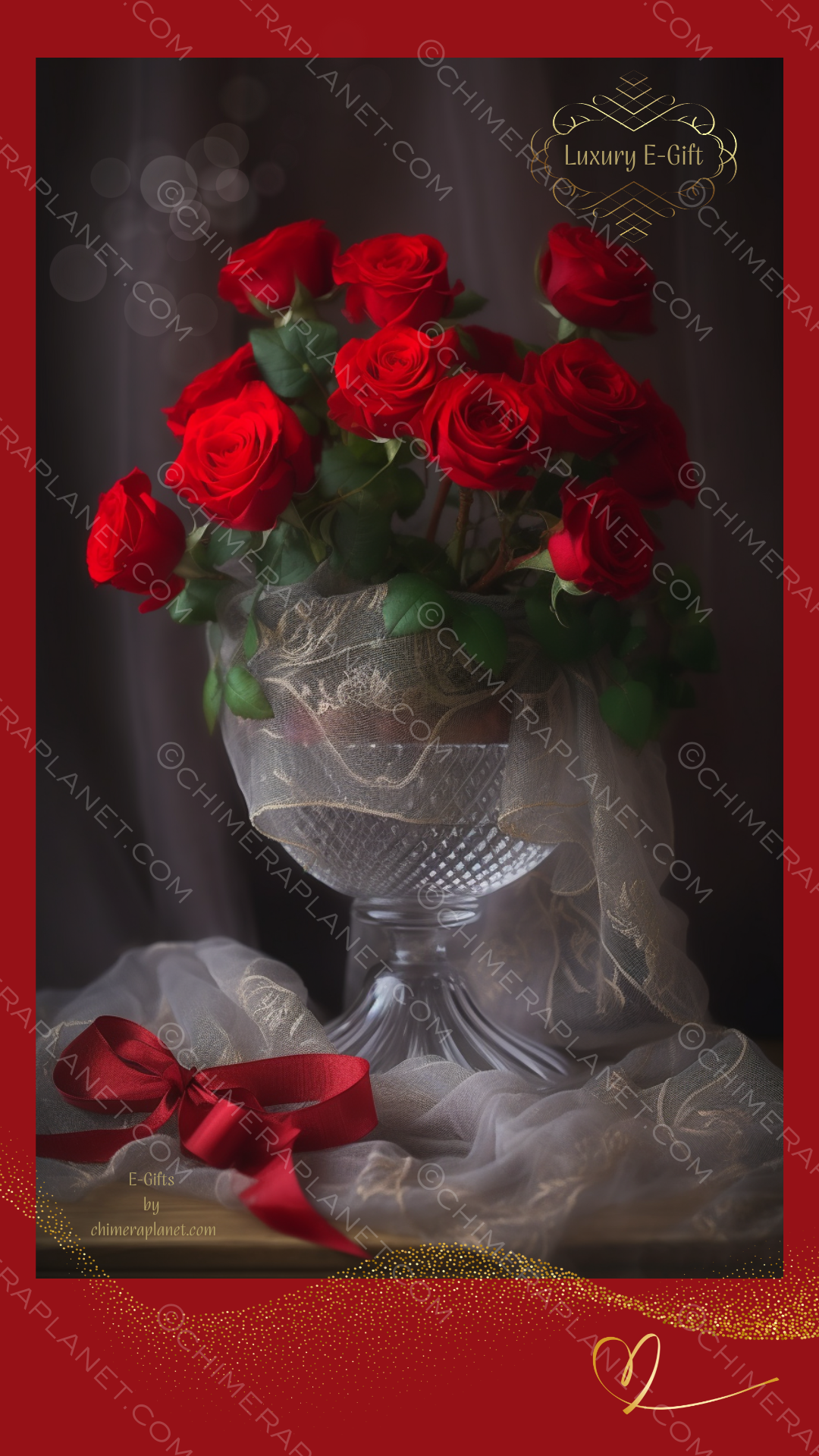 Red roses in vase. Luxury E-gift