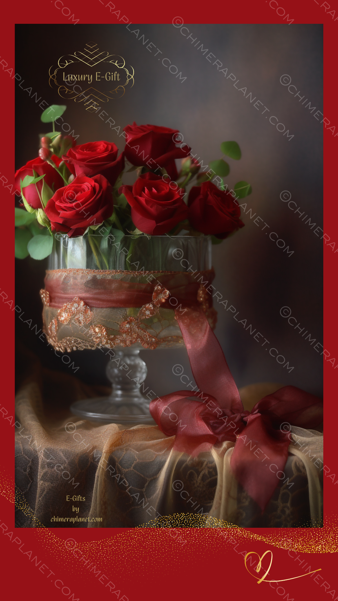 Red roses with bow. Luxury E-gift