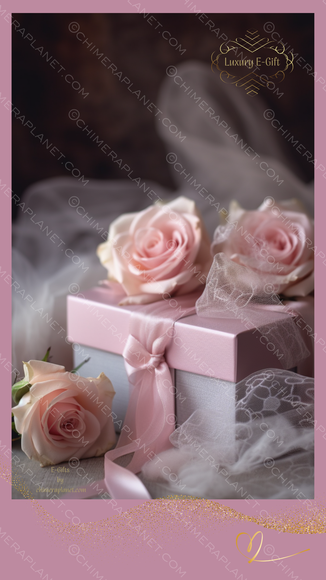 Soft pink roses with gift box. Luxury E-gift