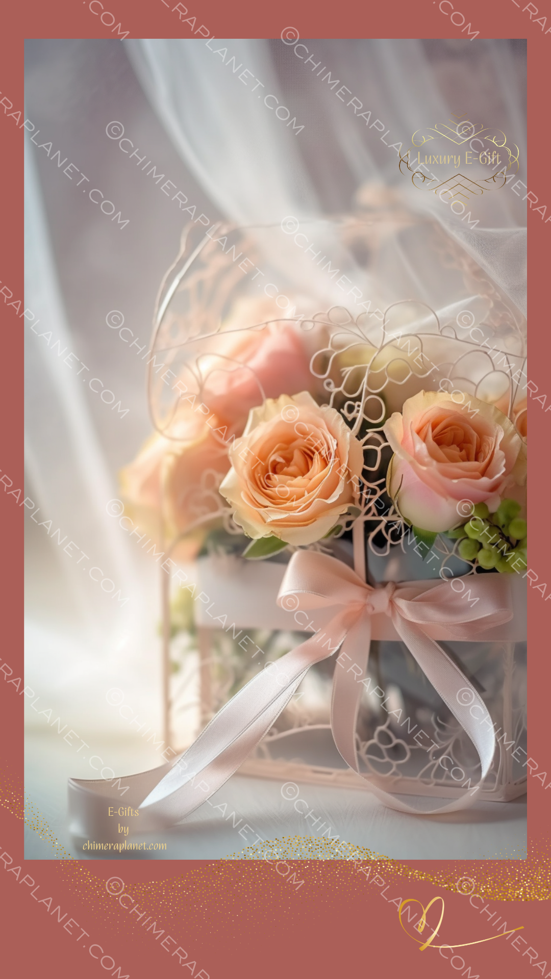 Tea roses with gift box and bow. Luxury E-gift