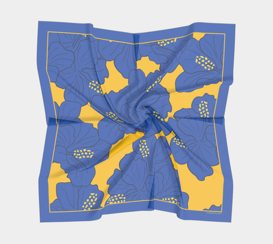 Yellow with blue tropical flowers. Square Scarf